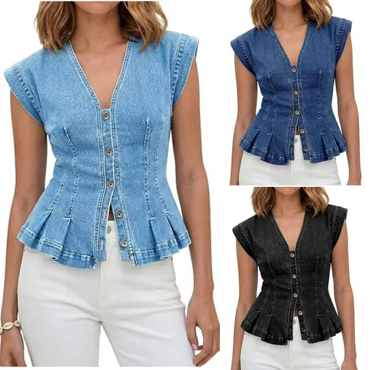 Damen Tailliertes Jeans-Top mit Schößchen und Knopfleiste Nord Taschen