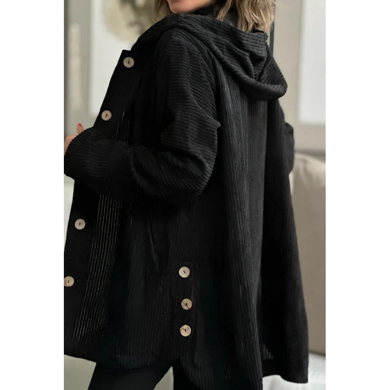 Damen Langer Kapuzen-Strickcardigan mit Rippenstruktur, Knopfleiste und Seitentaschen Nord Taschen
