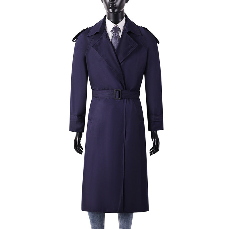 Herren eleganter knie- bis wadenlanger Trenchcoat mit verdeckter Knopfleiste und Schulterklappen Nord Taschen