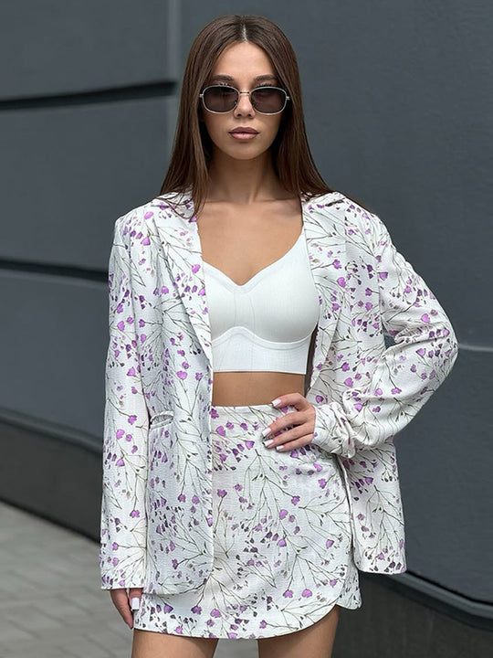 Damen Florales Blazer- und Minirock-Set aus strukturierter Baumwollmischung Nord Taschen