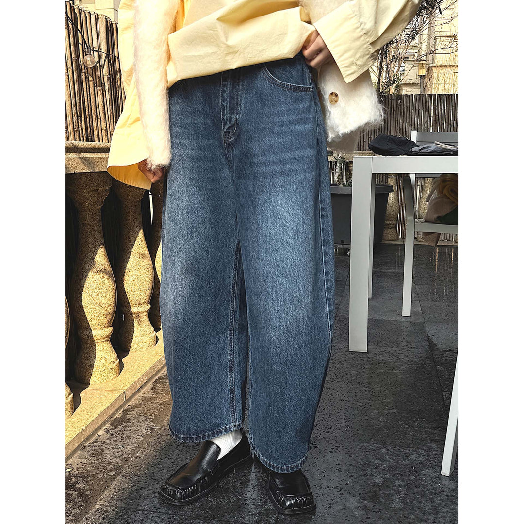 Damen Weite High‑Waist Denim-Baggyhose mit Druckknopfsaum Nord Taschen