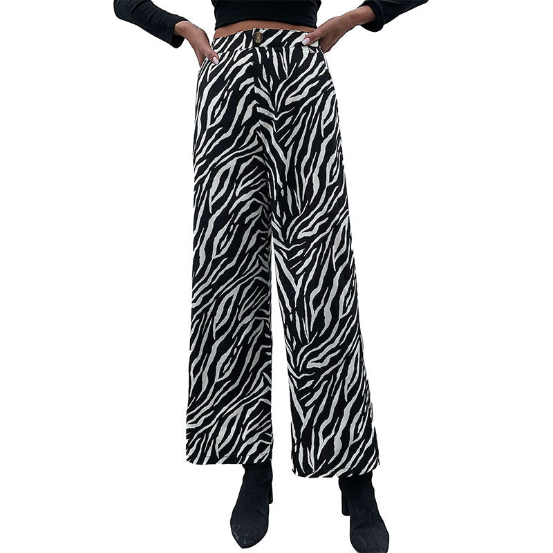 Damen Weite Palazzo-Hose mit Animal-Zebra-Muster, hohem Bund und Gürtelschlaufen Nord Taschen