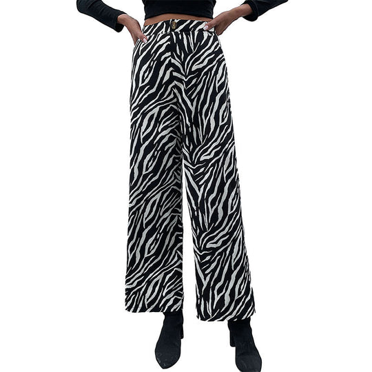 Damen Weite Palazzo-Hose mit Animal-Zebra-Muster, hohem Bund und Gürtelschlaufen Nord Taschen