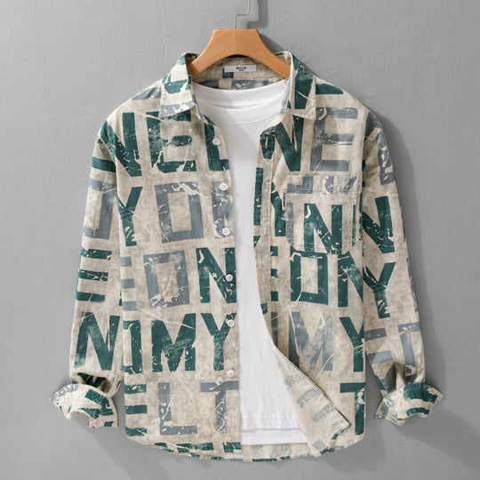 Herren Langarm-Hemdjacke mit großflächigem Typo‑Print aus Baumwollmix Nord Taschen