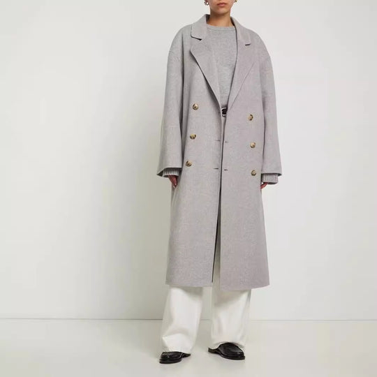 Damen Oversize Zweireihiger Longcoat mit fallender Schultersilhouette und goldenen Zierknöpfen Nord Taschen