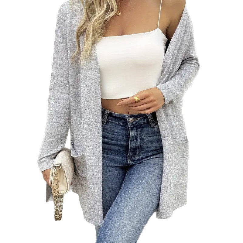 Damen Offener Feinstrick-Cardigan mit hüftlanger Silhouette und Eingrifftaschen Nord Taschen