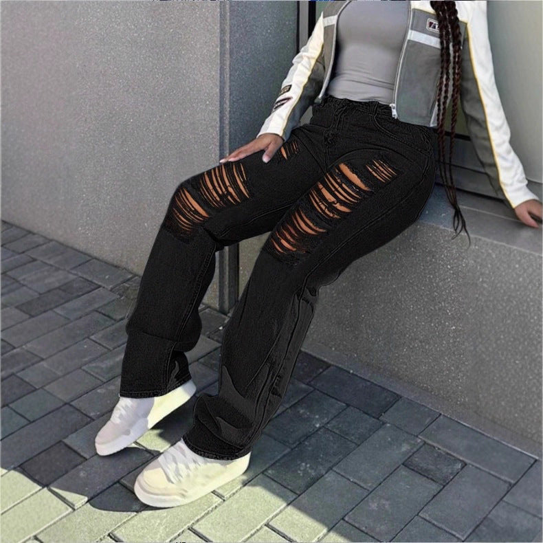 Damen hochgeschnittene weite Denim-Jeans mit ausgeprägten Ripped-Details und lässigem Schnitt Nord Taschen