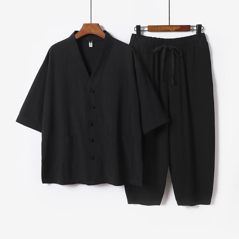 Unisex Leichtes Kimono-Lounge-Set aus Baumwoll-Leinen mit Kurzarmjacke und Kordelbund-Hose Nord Taschen