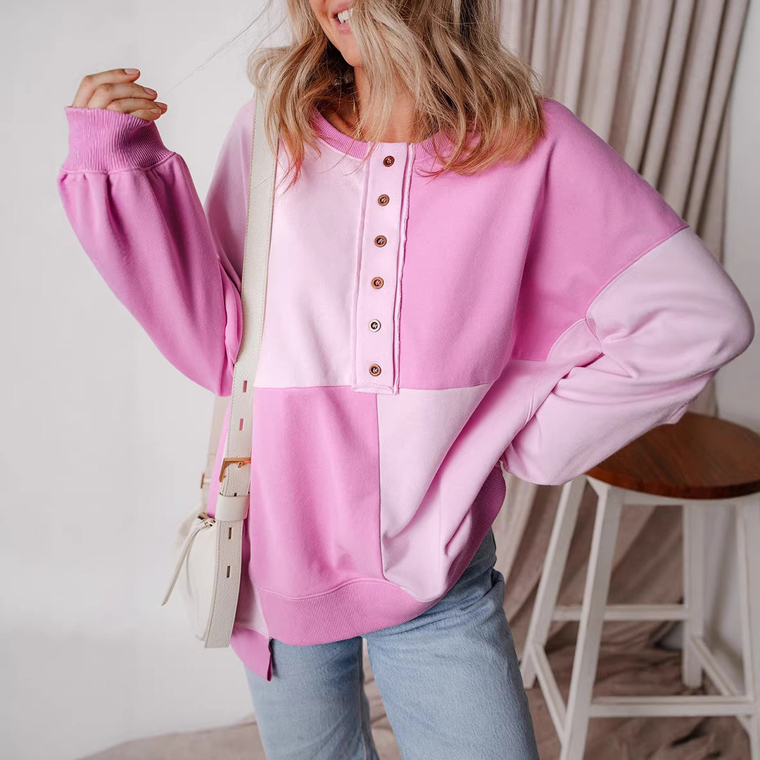 Damen Oversize-Longsleeve-Sweatshirt im Colorblock mit Henley-Knopfleiste und Ballonärmeln Nord Taschen