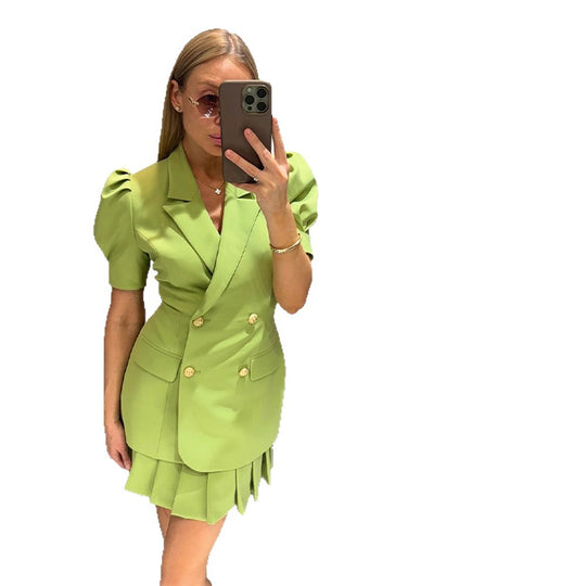 Damen Doppelreihiges Blazerkleid mit Puffärmeln und plissiertem Saum Nord Taschen