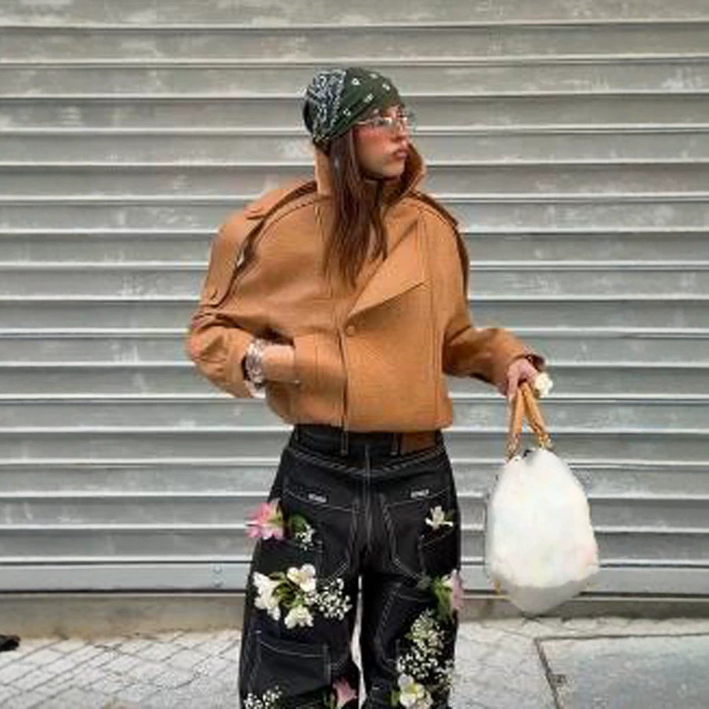 Damen Cropped Oversize-Jacke aus strukturiertem Kunstleder mit hohem Stehkragen Nord Taschen