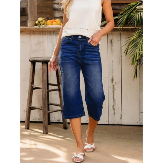 Damen Hochtaillierte Culotte-Jeans mit weitem Bein und Fünf-Taschen-Design Nord Taschen