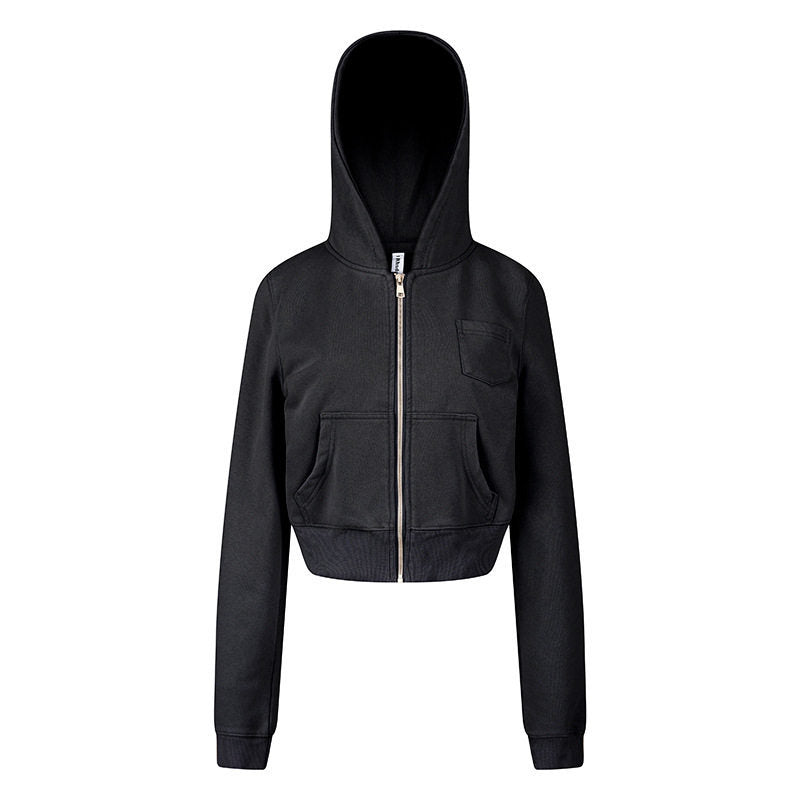 Damen Kurz geschnittene Kapuzen-Sweatjacke mit durchgehendem Reißverschluss im Boxy-Schnitt und Brusttasche Nord Taschen