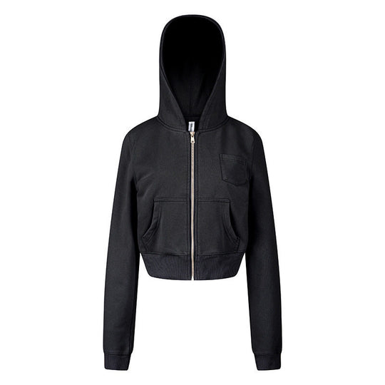 Damen Kurz geschnittene Kapuzen-Sweatjacke mit durchgehendem Reißverschluss im Boxy-Schnitt und Brusttasche Nord Taschen
