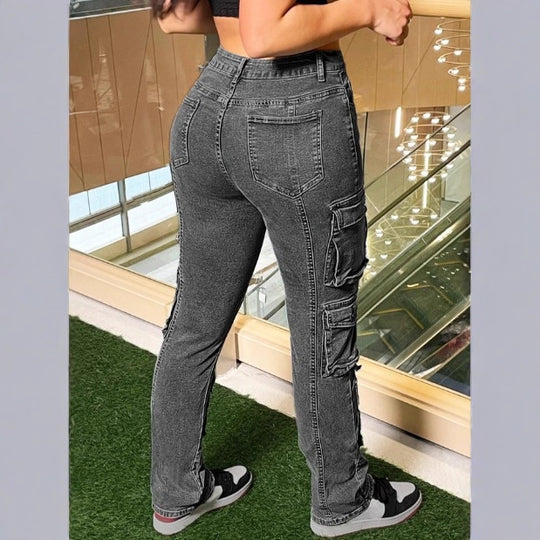 Damen Cargo-Denimhose mit Mehrfach-Pattentaschen, Kniepaneelen und taillenhoher Passform Nord Taschen