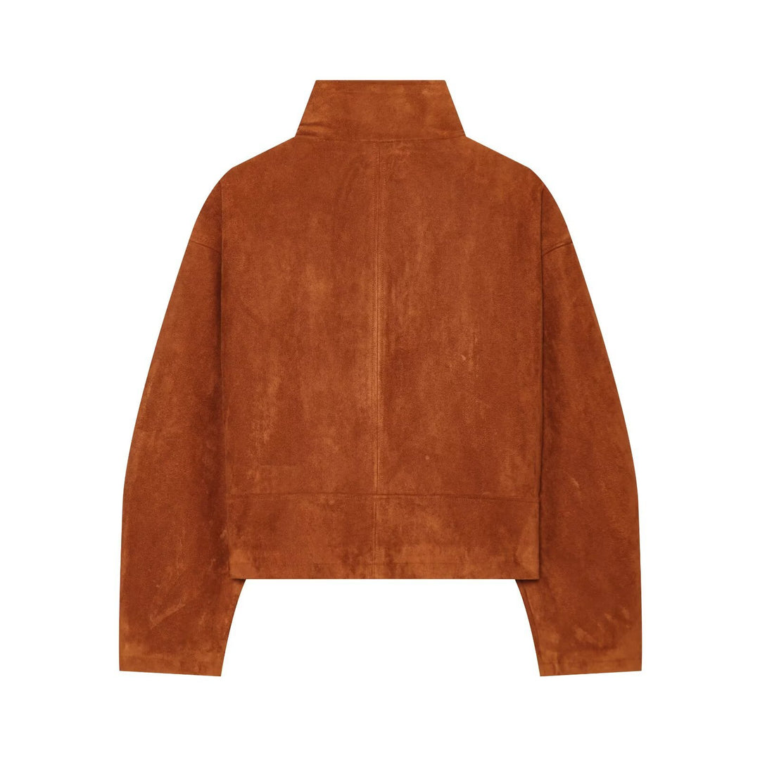 Damen Kurzgeschnittener Wildleder-Blouson mit Stehkragen und Reißverschluss Nord Taschen