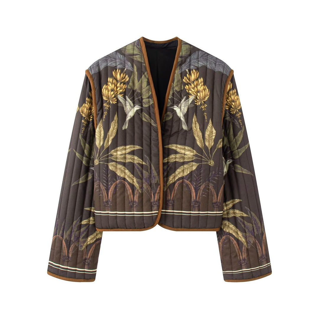Damen Steppjacke im Cropped‑Schnitt mit botanischem Print und Kontrastpaspel Nord Taschen