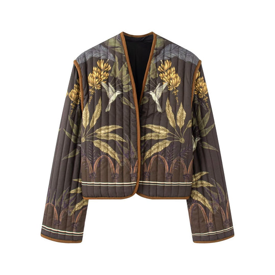 Damen Steppjacke im Cropped‑Schnitt mit botanischem Print und Kontrastpaspel Nord Taschen
