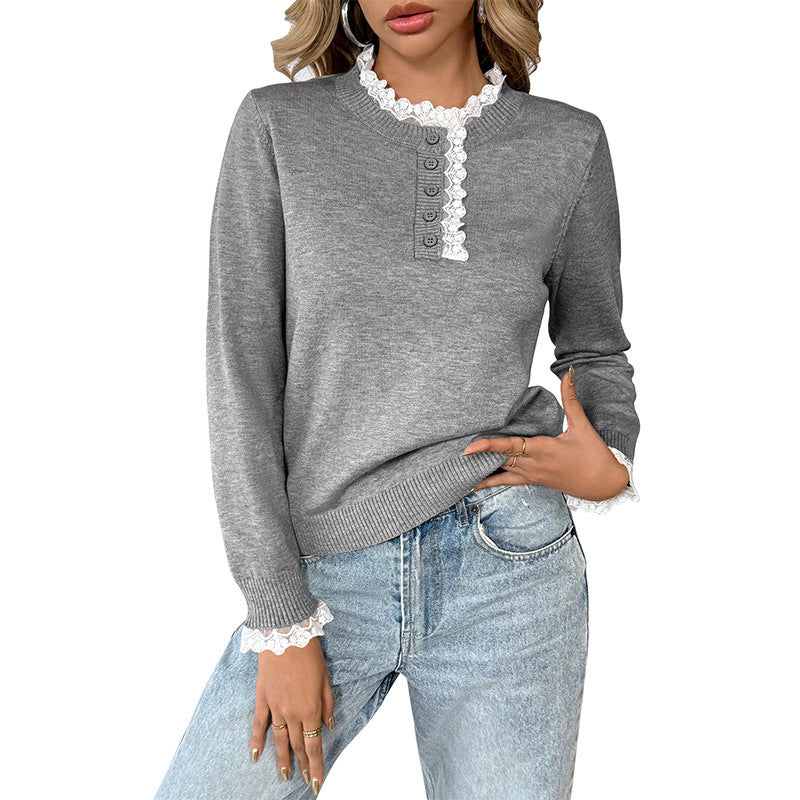 Damen Feiner Strickpullover mit Spitzenkragen, Henley-Knopfleiste und gerippten Bündchen Nord Taschen