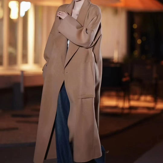 Damen Oversize Wollmixmantel mit offenem Schnitt und tiefen Eingrifftaschen Nord Taschen