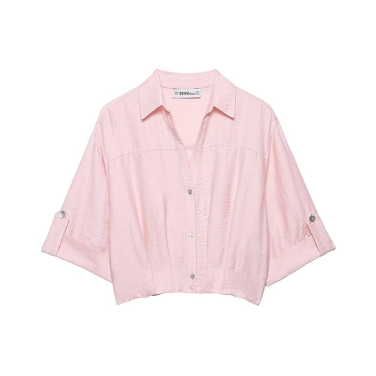 Damen Kastige Cropped-Bluse mit Hemdkragen, verkürztem Saum und Aufrollärmeln Nord Taschen