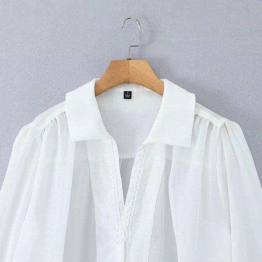 Damen Transparente Chiffon-Bluse mit Volumenärmeln, Spitzenbesatz und breiten Manschetten Nord Taschen