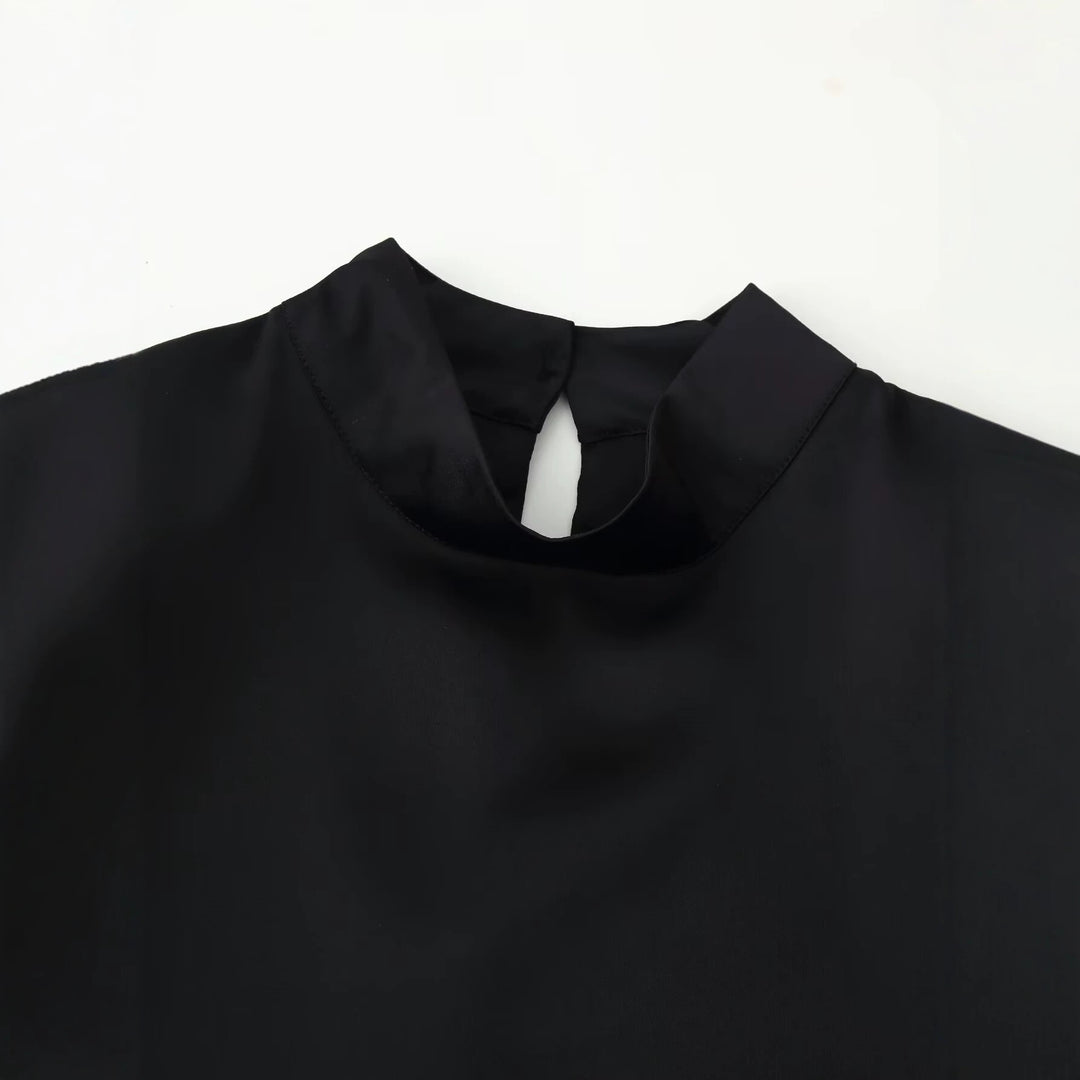 Damen Asymmetrisches Satin-Top mit Spitzenbesatz, Stehkragen und Glockenärmeln Nord Taschen