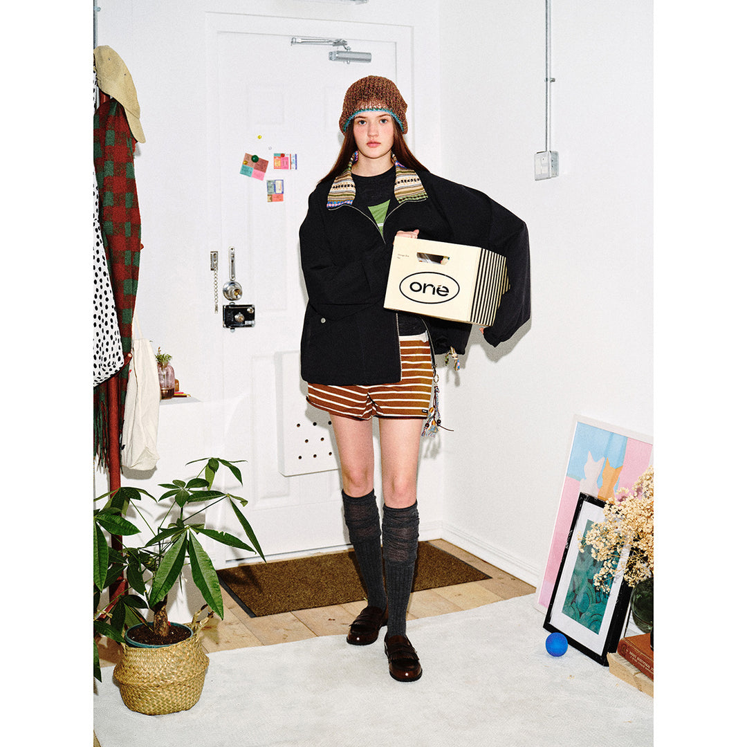 Damen Kurzjacke im Boxy‑Cut mit gemustertem Stehkragen und Kordelzug Nord Taschen