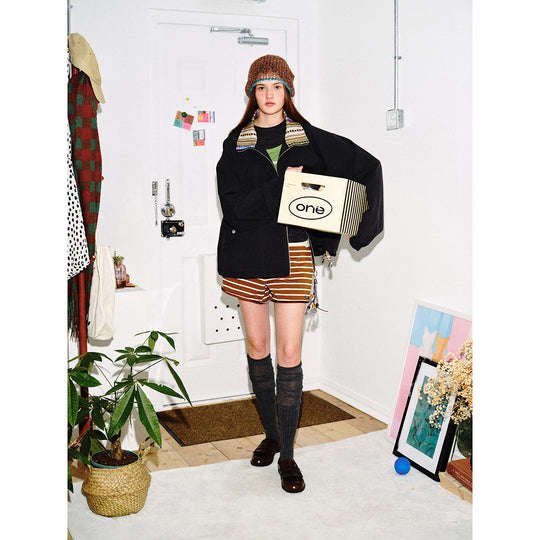 Damen Kurzjacke im Boxy‑Cut mit gemustertem Stehkragen und Kordelzug Nord Taschen