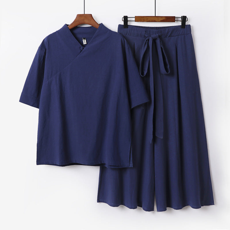 Damen Weites Kimono-Loungewear-Set mit V-Ausschnitt und Culotte-Hose Nord Taschen