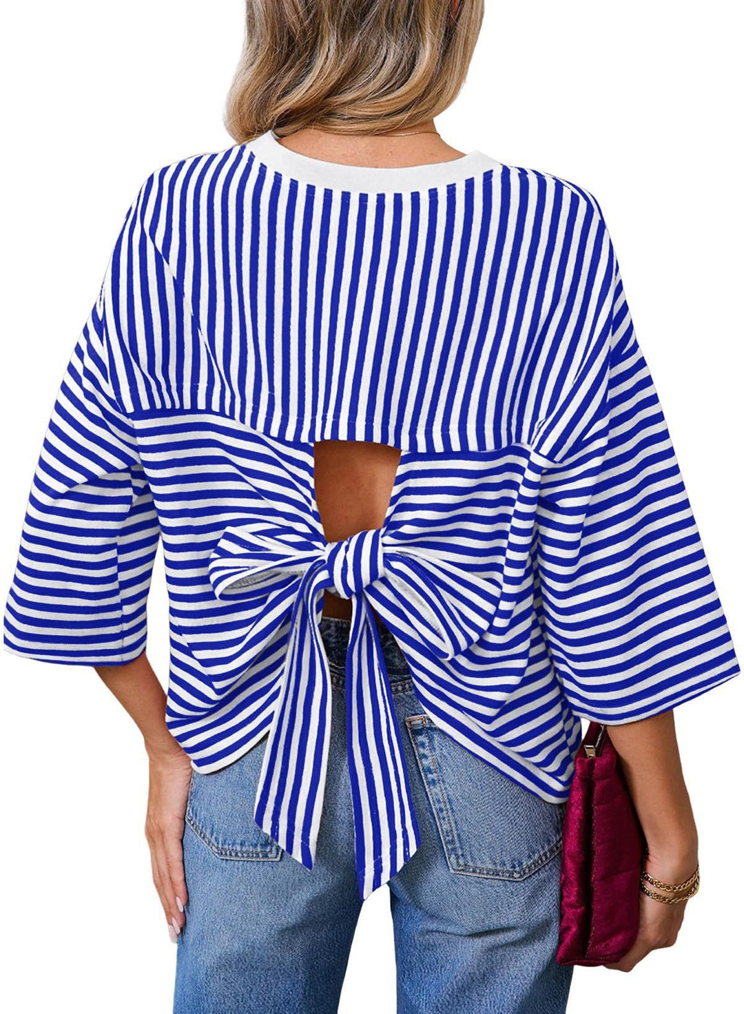 Damen Gestreiftes Oversize-Shirt mit Rückenausschnitt und Schleifenbindung Nord Taschen