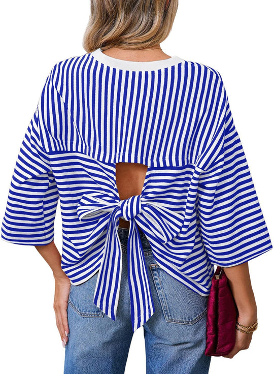 Damen Gestreiftes Oversize-Shirt mit Rückenausschnitt und Schleifenbindung Nord Taschen