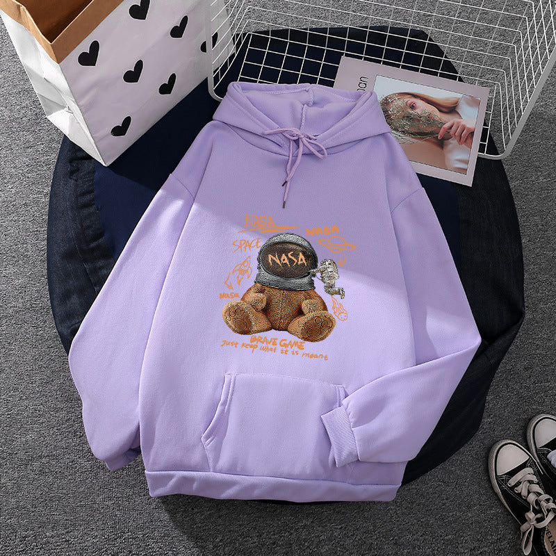 Damen nan lässiger Hoodie mit Astronauten‑Teddy‑Print, Kängurutasche und weichem Fleece-Innenfutter Nord Taschen