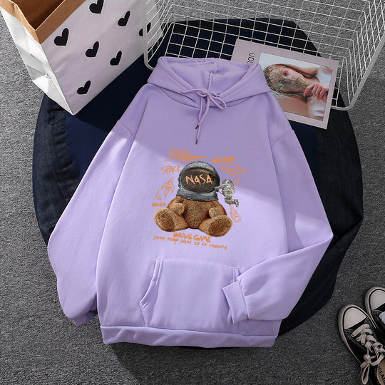 Damen nan lässiger Hoodie mit Astronauten‑Teddy‑Print, Kängurutasche und weichem Fleece-Innenfutter Nord Taschen