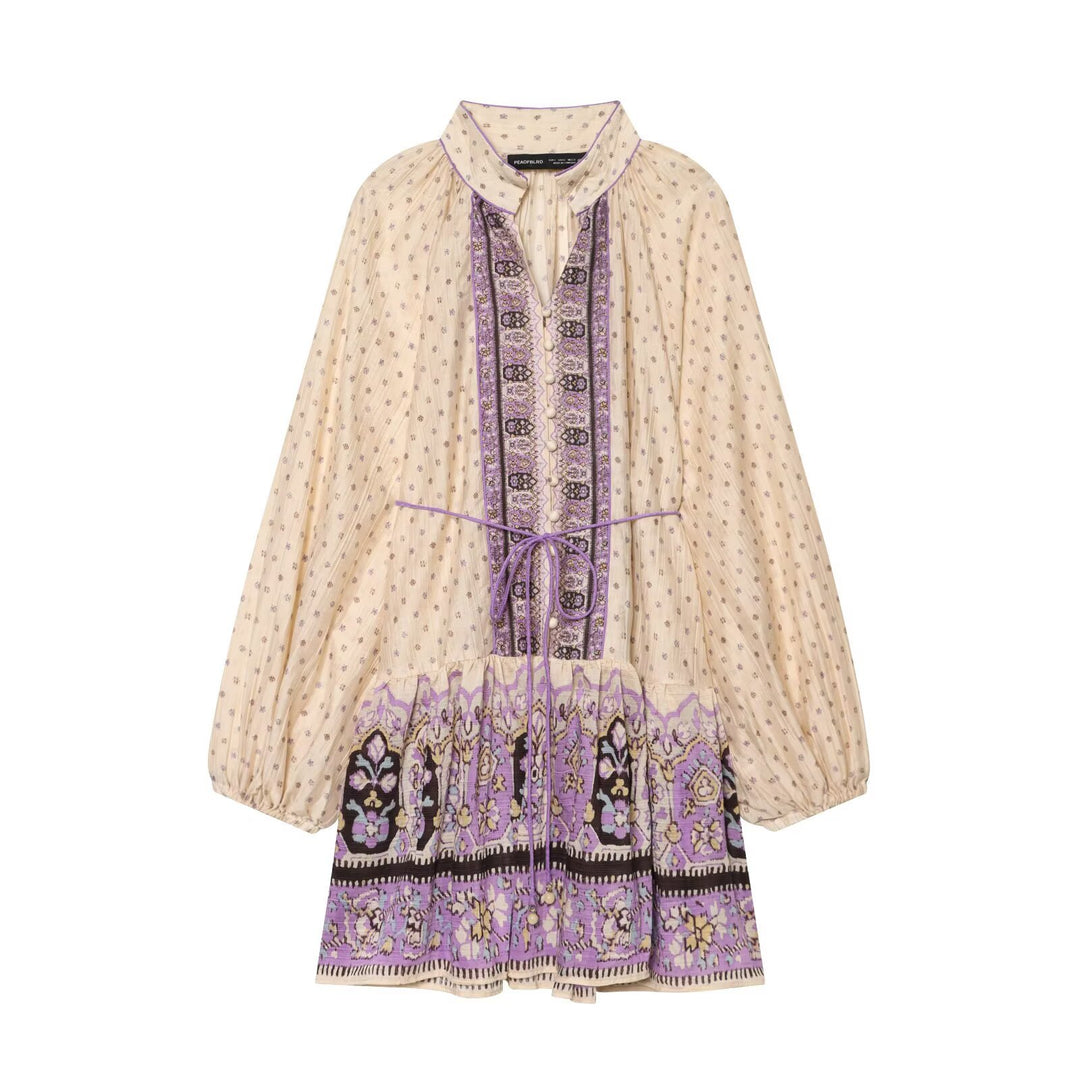 Damen Boho‑Midikleid mit bestickter Knopfleiste, Ballonärmeln und Taillenband Nord Taschen