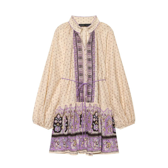 Damen Boho‑Midikleid mit bestickter Knopfleiste, Ballonärmeln und Taillenband Nord Taschen