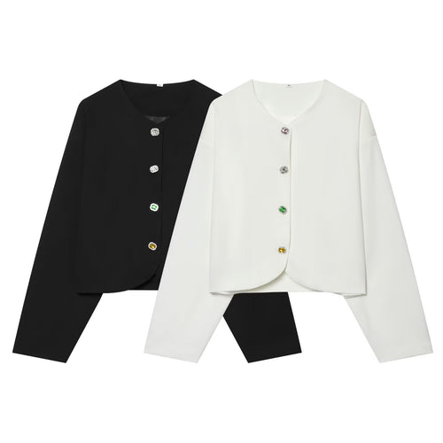 Damen Kurzblazer ohne Kragen mit Schmuckknöpfen und kurzem Cropped‑Schnitt Nord Taschen