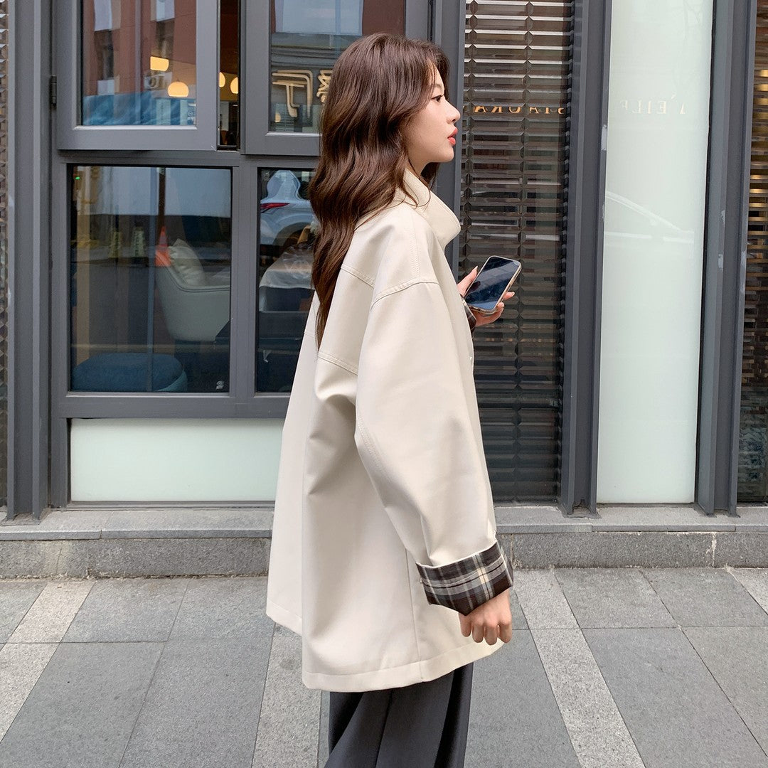 Damen Oversized Kurzmantel mit Stehkragen und kariertem Ärmelfutter Nord Taschen