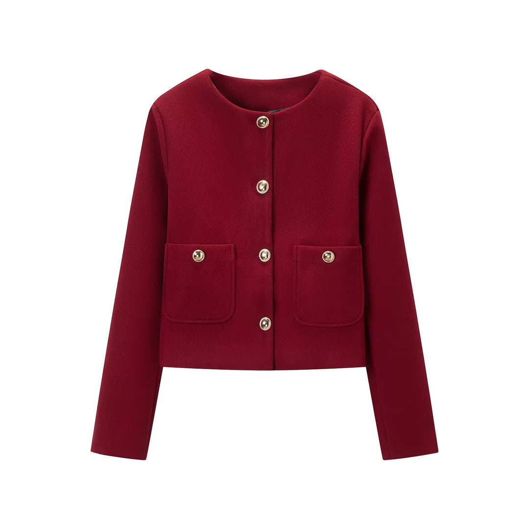 Damen Cropped Wollmix-Jacke mit Rundhalsausschnitt, aufgesetzten Taschen und goldfarbenen Zierknöpfen Nord Taschen