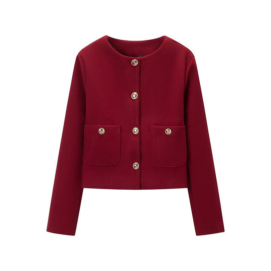 Damen Cropped Wollmix-Jacke mit Rundhalsausschnitt, aufgesetzten Taschen und goldfarbenen Zierknöpfen Nord Taschen