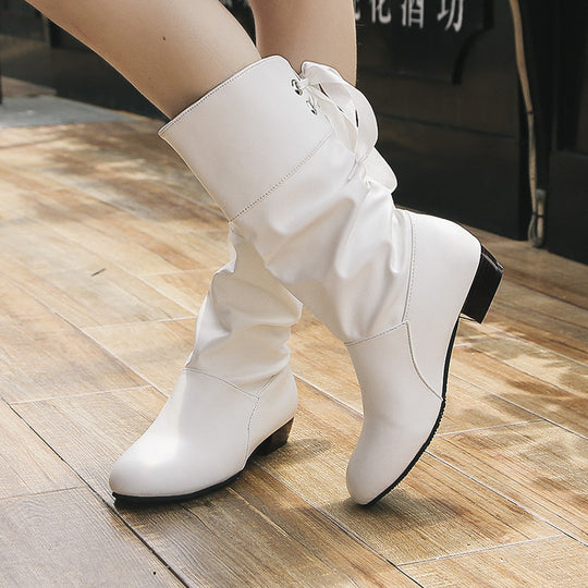 Damen Wadenhohe Slouch‑Stiefel mit dekorativem Satinschnürband und niedrigem Blockabsatz Nord Taschen