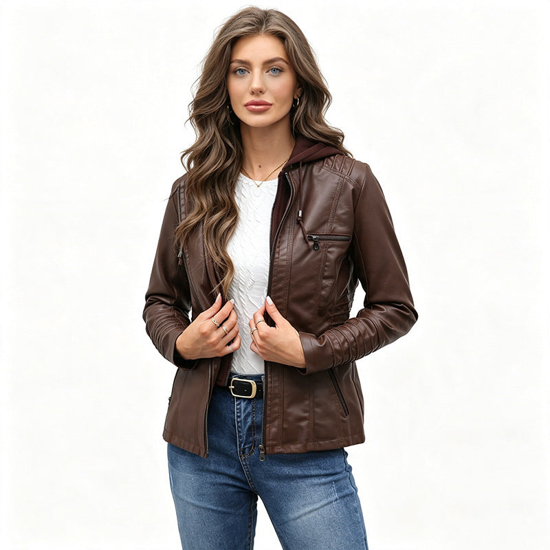 Damen Taillierte Kunstlederjacke mit abnehmbarer Kapuze und Reißverschluss Nord Taschen