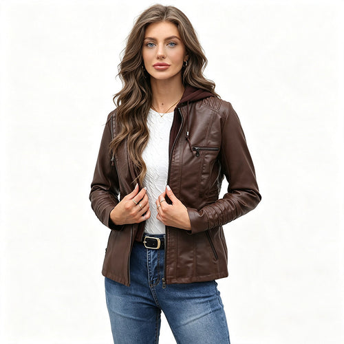 Damen Taillierte Kunstlederjacke mit abnehmbarer Kapuze und Reißverschluss Nord Taschen