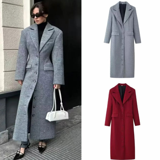 Damen 10+ langer Wollmix‑Mantel mit Reverskragen, Pattentaschen und durchgehender Knopfleiste Nord Taschen