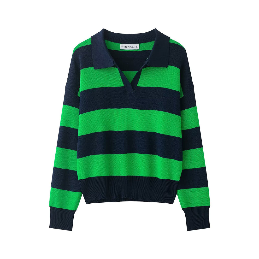 Damen Gestreifter Rugby-Polo-Pullover mit V-Notch und Cropped-Saum Nord Taschen