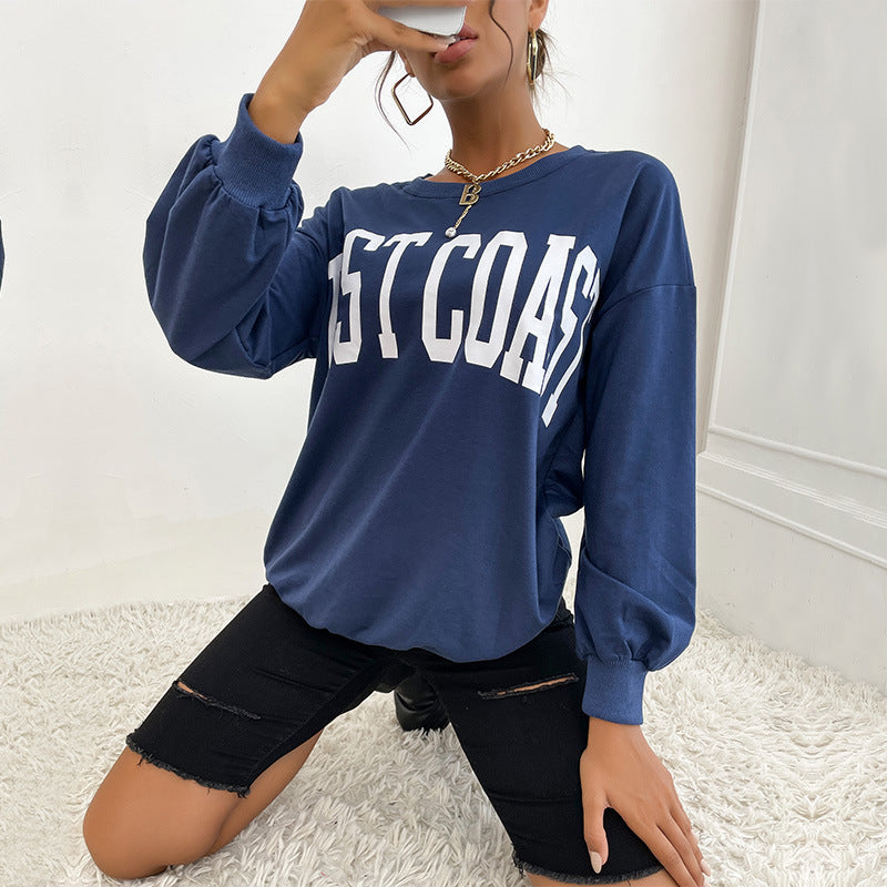 Damen Lockeres Rundhals-Sweatshirt im Collegestyle mit Blockschrift-Print und geripptem Saum Nord Taschen