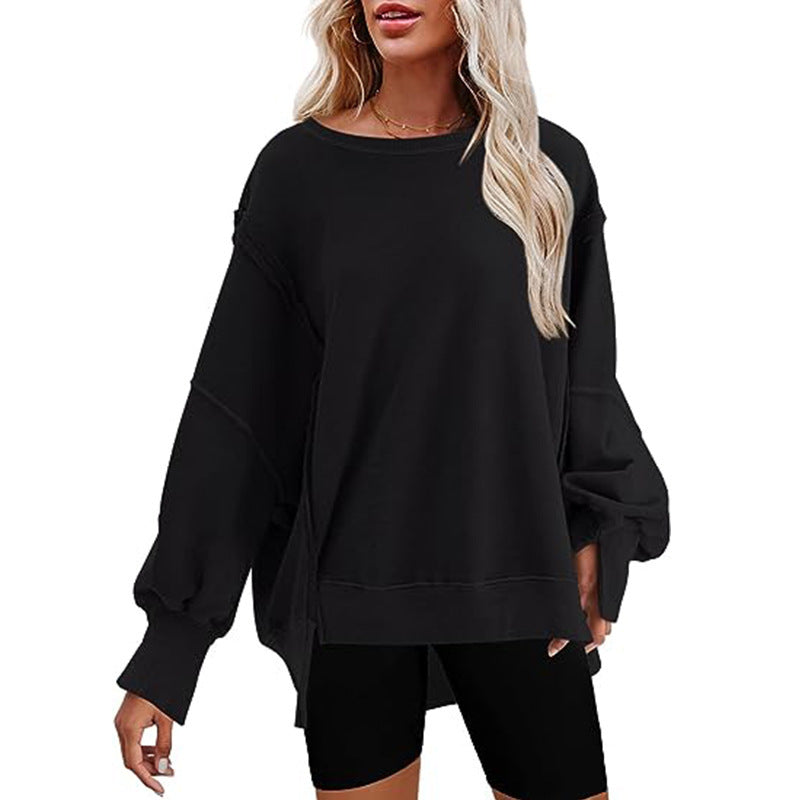Damen Oversized Sweatshirt mit Ballonärmeln, seitlichen Schlitzen und offenen Kanten Nord Taschen