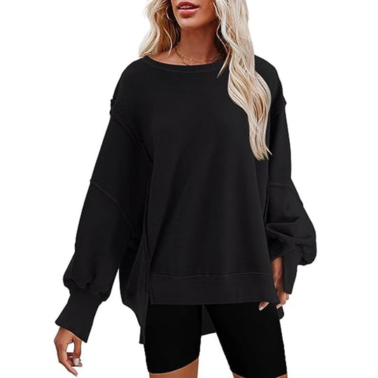 Damen Oversized Sweatshirt mit Ballonärmeln, seitlichen Schlitzen und offenen Kanten Nord Taschen