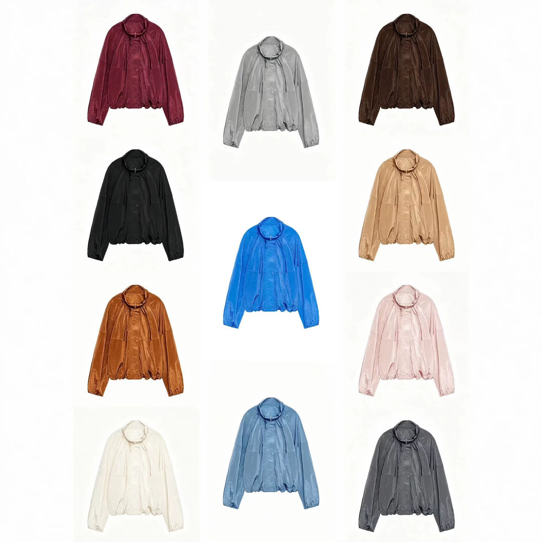 Damen Leichte Oversize-Blousonjacke aus Nylon mit Stehkragen, Kordelzug und Druckknopfverschluss Nord Taschen
