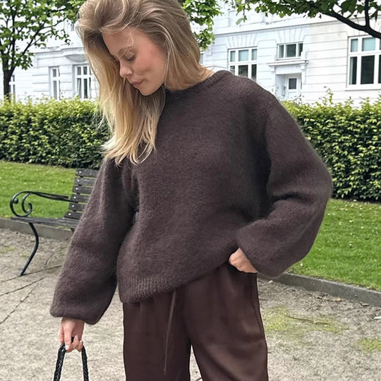 Damen Flauschiger Rundhals-Pullover mit Ballonärmeln und kastiger Silhouette Nord Taschen